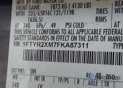 2015 Ford Transit-250 z USA, uszkodzony, nr VIN 1FTYR2XM7FKA87311